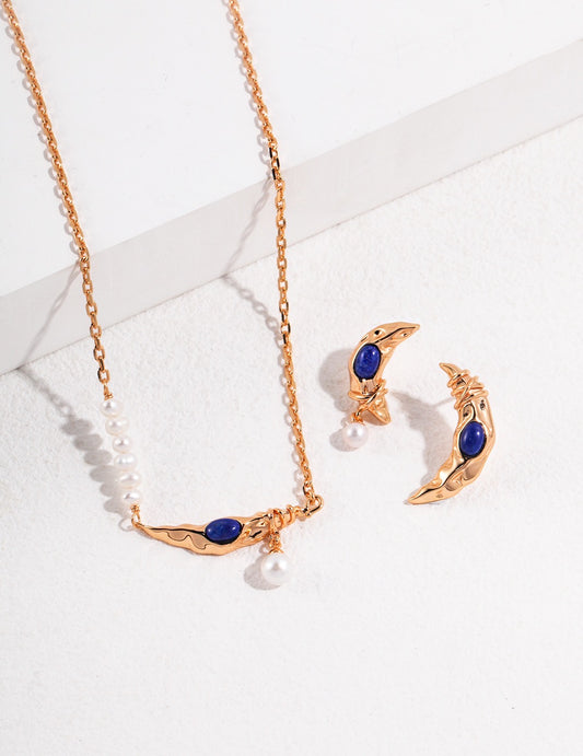 French niche design ，sterling silver ， natural pearl necklace and earring set， with mother-of-pearl/lapis